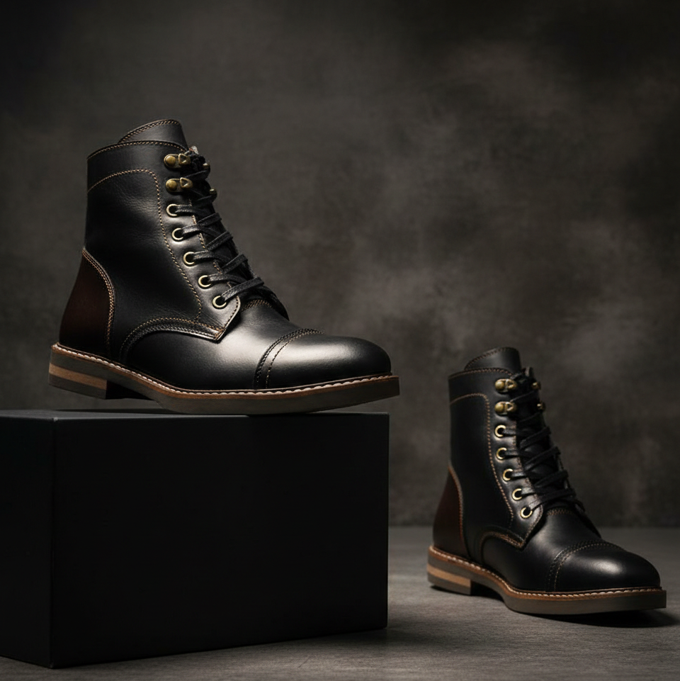 Botas para Hombre Negro x Coñac de Caña Media – Diseño Robusto con Suela Antideslizant